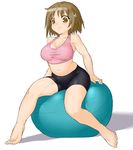  animated animated_png ball bare_arms barefoot bike_shorts bouncing_breasts breasts brown_eyes brown_hair cleavage collarbone derivative_work exercise_ball gym_outfit idolmaster idolmaster_cinderella_girls kaze_(kazesan) large_breasts midriff mimura_kanako navel onsoku_maru short_hair sitting solo tank_top 