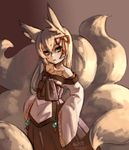  2013 animal_ear_fluff animal_ears bare_shoulders blonde_hair dated fox_ears fox_tail green_eyes hair_ribbon japanese_clothes junkpuyo kitsune kyuubi long_hair looking_at_viewer mon-musu_quest! multiple_tails ribbon solo tail tamamo_(mon-musu_quest!) tattoo 