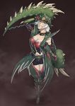  armor breasts capcom chains cleavage deviljho_(armor) dual_wielding grin hat highres monster_hunter short_hair smile weapon white_hair yellow_eyes 