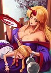  alcohol bare_shoulders blonde_hair breasts cleavage closed_eyes cuffs cup dress fangs gourd hand_on_head horn horns hoshiguma_yuugi ibuki_suika japanese_clothes kakato kimono lap_pillow large_breasts long_hair looking_at_viewer multiple_girls off_shoulder open_mouth purple_dress red_eyes sakazuki sake shackles shirt skirt sleeveless sleeveless_shirt smile tongue tongue_out touhou wrist_cuffs 