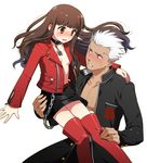  1girl adapted_costume archer archer_(cosplay) blush brown_eyes brown_hair carrying chain choker cosplay dark_skin fate/extra fate/extra_ccc fate_(series) gakuran grey_eyes jacket kishinami_hakuno_(female) long_hair miniskirt no_bra open_clothes open_jacket school_uniform skirt tetsukuzu_tetsuko thighhighs white_hair 