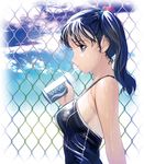  aqua_eyes blue_eyes brand_name_imitation breasts chain-link_fence cloud day drink drinking drinking_straw fence hair_bobbles hair_ornament large_breasts long_hair masao one-piece_swimsuit original pocari_sweat profile sky solo swimsuit tan tanline twintails upper_body vignetting wet 