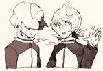  ahoge bad_id bad_pixiv_id character_request inazuma_eleven_(game) inazuma_eleven_(series) jacket monochrome motojima_hakka multiple_boys raimon sketch track_jacket upper_body 