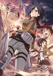  4girls annie_leonhardt ass azumanga_daiou bad_id bad_pixiv_id belt black_eyes black_hair bread cloud cloudy_sky crossover dual_wielding emblem facial_hair food food_in_mouth from_behind from_below giant glasses holding kimura leg_belt looking_back mikasa_ackerman mouth_hold multiple_belts multiple_boys multiple_girls object_on_head opaque_glasses open_mouth panties panties_on_head pantylines paradis_military_uniform peach_(momozen) saliva sasha_braus scarf shingeki_no_kyojin short_hair skin_tight sky stubble sunset sword thigh_strap three-dimensional_maneuver_gear training_corps_(emblem) underwear weapon 