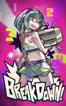  405nm beatmania beatmania_iidx cable eric_muentes from_behind green_hair headphones highres midriff miniskirt pink_eyes short_hair skirt solo stage_lights strapless tubetop 