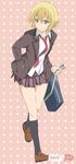  aiura bag blazer blonde_hair hand_in_pocket iwasawa_saki jacket kneehighs loafers mizuki_makoto necktie open_clothes open_jacket pink_background polka_dot polka_dot_background school_bag school_uniform shoes short_hair skirt solo yellow_eyes 