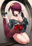 bare_shoulders bdsm blush bondage bound breasts bug butterfly butterfly_hair_ornament collar hair_ornament insect japanese_clothes large_breasts maeda_risou original purple_hair red_eyes short_hair side_ponytail sitting slave smile solo 