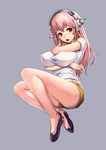  blush breast_lift breast_suppress breasts covered_nipples flats headphones highres large_breasts legs long_hair long_legs midriff nitroplus nostra open_mouth pink_hair red_eyes shirt short_shorts short_sleeves shorts simple_background solo super_sonico taut_clothes taut_shirt thighs 
