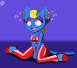  2017 anthro blonde_hair blue_fur breasts cat cleavage clothed clothing dr._chaos drooling fangs feline female fur hair headphones hi_res hypnosis katy_kat mammal mind_control open_mouth parappa_the_rapper saliva simple_background um_jammer_lammy video_games 
