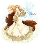  axis_powers_hetalia back-to-back blush brown_hair chibitalia_(hetalia) closed_eyes copyright_name crossdressing dress green_eyes holy_roman_empire_(hetalia) looking_back male_focus multiple_boys northern_italy_(hetalia) open_mouth tobi_(one) 