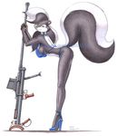  anthro baron_engel baroncoon bent_over bikini birthmark boys_anti-tank_rifle breasts butt clothed clothing female fur green_eyes grey_fur grey_hair gun hair high_heels long_legs looking_at_viewer mammal pinup plain_background pose raised_tail ranged_weapon rifle scan shoes side_view skimpy skunk smile solo standing swimsuit tight_clothing traditional_media two_tone_hair watermark weapon white_background white_hair 