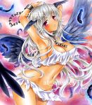  angel angel_wings at_classics bdsm black_wings blush breasts chain cleavage collar cuffs dark_skin feathers head_wings large_breasts loincloth long_hair marker_(medium) midriff original purple_eyes sample shackles shirt silver_hair solo torn_clothes torn_shirt traditional_media wings 