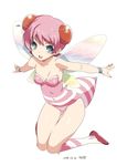  :d antennae bad_id bad_twitter_id bee_girl blue_eyes boots breasts cleavage dated full_body hair_ornament honey_bee_(bug-tte_honey) insect_girl kiya_shii leotard monster_girl open_mouth pink_hair pink_leotard short_hair small_breasts smile solo takahashi_meijin_no_bug-tte_honey white_background wings wristband 