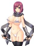  abu bikini blue_eyes blush breasts covered_nipples dual_wielding fingerless_gloves gloves highres holding large_breasts looking_at_viewer nel_zelpher red_hair reverse_grip scarf see-through short_hair short_sword solo star_ocean star_ocean_till_the_end_of_time swimsuit sword tattoo thighhighs weapon white_bikini 