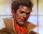  beard brown_eyes brown_hair collar facial_hair lips male_focus realistic saika_magoichi sengoku_musou smile solo trickyagura upper_body 