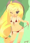  anime applejack_(mlp) bikini born-to-die breasts camel_toe chibi child clothing cowboy_hat cutie_mark female freckles friendship_is_magic hair hat human humanized long_hair looking_at_viewer mammal my_little_pony navel not_furry one_eye_closed open_mouth plain_background small_breasts solo standing swimsuit tan_line text tight_clothing wink young 