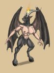  baphomet bat_wings big_breasts bigger_version_at_the_source breasts ear_piercing fire flaccid goat herm hooves horn intersex muscles penis piercing plain_background solo wings 