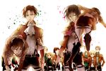  armin_arlert ascot bertolt_hoover black_hair boots carrying carrying_over_shoulder carrying_under_arm character_request christa_renz emblem eren_yeager futaba_hazuki jean_kirchstein levi_(shingeki_no_kyojin) mikasa_ackerman multiple_boys multiple_girls paradis_military_uniform reiner_braun sasha_braus scarf shingeki_no_kyojin short_hair suspenders sweatdrop thigh_strap white_background 