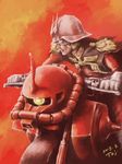  ayk-rs401i char_aznable dated ground_vehicle gundam helmet male_focus mask military military_uniform motor_vehicle motorcycle riding signature solo texture uniform zaku_ii_s_char_custom 