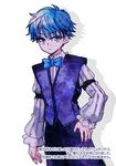  blue_eyes blue_hair bow bowtie fate/extra fate/extra_ccc fate_(series) gaon_(hisuikairou) hans_christian_andersen_(fate) male_focus solo translation_request vest 
