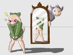  bottomless bow breasts butt clothing cute dickgirl eadoo embarrassed eyes_closed flynnmerk hair herm intersex kobold loki mirror penis plain_background pussy reflection small sweater 