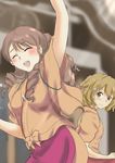  :d apron arm_up blush brown_eyes brown_hair closed_eyes drill_hair flower hair_flower hair_ornament hanasaku_iroha kissuisou_uniform long_hair looking_back matsumae_ohana multiple_girls murasaki_iro nakai_(waitress) open_mouth short_hair smile wakura_yuina 