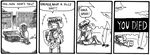  4koma bonfire bookshelf chosen_undead comic dark_souls death english gameplay_mechanics greyscale laughing mimic mimic_chest monochrome setz shield souls_(from_software) teeth tongue treasure_chest 