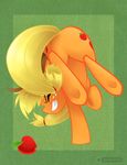  ambiguous_gender apple applejack_(mlp) ass_up butt cowboy_hat cutie_mark equine eyes_closed female feral freckles friendship_is_magic fruit gab_(artist) green_background grimace grit_teeth hat horse mammal my_little_pony pain plain_background pony raised_tail simple_background solo 