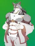  anthro biceps big_muscles black_nose canine choco_monaca clothed clothing facial_markings fur green_background grey_fur hair half-dressed looking_at_viewer male mammal markings morenatsu muscles open_shirt pants pecs plain_background scar shirt solo standing ten_kodori toned topless undressing unknown_artist white_fur wolf yellow_eyes 