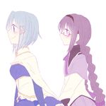  akemi_homura armband black_hair blue_eyes blue_hair braid cape glasses gloves hair_ornament hairband hairclip long_hair lowres magical_girl mahou_shoujo_madoka_magica mahou_shoujo_madoka_magica_movie miki_sayaka mizuki_(flowerlanguage) multiple_girls purple_eyes short_hair tug twin_braids 