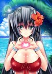  absurdres bad_id bad_pixiv_id blue_eyes breasts cleavage cloud day flower grey_hair hair_flower hair_ornament heart heart_hands hibiscus highres horizon_ariadust kyoukaisenjou_no_horizon large_breasts lens_flare mizutsuki_rei ocean palm_tree sky tree waves 