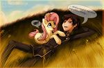  black_hair blue_eyes code_geass crossover equine female feral fluttershy_(mlp) friendship_is_magic hair horse human lelouch_lamperouge male mammal my_little_pony navel open_mouth outside pegasus pony purple_eyes rendellstar school_uniform uniform wheat wings 