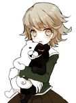  bangs blush brown_eyes brown_hair brown_skirt danganronpa danganronpa_1 eyebrows_visible_through_hair fujisaki_chihiro grin hug hug_from_behind long_sleeves looking_at_viewer monokuma otoko_no_ko pleated_skirt short_hair simple_background skirt smile soto tears upper_body white_background 