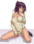  bare_shoulders black_hair black_legwear bottomless breasts cleavage collarbone commentary_request dark_skin green_eyes houtengeki large_breasts long_hair naked_sweater off-shoulder_sweater original pixelated ponytail ribbed_sweater simple_background sitting socks solo sweater thighs wariza 
