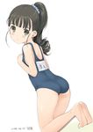  ass bad_id bad_twitter_id bangs barefoot black_eyes black_hair blue_swimsuit blunt_bangs blush child dated drill_hair dutch_angle flat_chest from_side fukuyama_mai hands_on_own_chest high_ponytail idolmaster idolmaster_cinderella_girls jpeg_artifacts kiya_shii kneeling long_hair looking_at_viewer looking_back name_tag one-piece_swimsuit polka_dot polka_dot_scrunchie ponytail school_swimsuit scrunchie signature simple_background smile soles solo swimsuit white_background 