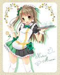  apron bow brown_hair character_name hair_bow hair_ribbon karaage3 long_hair love_live! love_live!_school_idol_project maid maid_headdress minami_kotori mogyutto_&quot;love&quot;_de_sekkin_chuu! one_side_up open_mouth ribbon smile solo thighhighs tray white_legwear 
