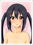  black_hair blush brown_eyes flat_chest highres k-on! kimuti-g long_hair looking_at_viewer nakano_azusa nude smile solo twintails 