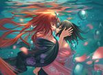  akizuki_maria bare_shoulders black_hair blurry breasts bubble catwyz cleavage depth_of_field face-to-face hand_on_another's_head highres hug japanese_clothes kimono long_hair looking_at_another medium_breasts multiple_girls open_mouth orange_hair petals shin_sekai_yori short_hair underwater watanabe_saki water wet wet_clothes yuri 