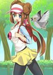  1girl backpack bag bird blue_eyes blush brown_hair double_bun mei_(pokemon) nintendo open_mouth pidove pokemon pokemon_(game) pokemon_bw2 smile visor_cap 