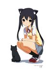  animal_ears artist_name bad_id bad_twitter_id black_cat black_hair black_legwear blush cat cat_ears dated dress_shirt full_body jpeg_artifacts k-on! kiya_shii long_hair nakano_azusa ribbon sakuragaoka_high_school_uniform school_uniform shirt shoes simple_background skirt socks squatting sweater_vest twintails uwabaki white_background 