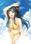  :d arm_up bare_shoulders bikini breasts brown_eyes cleavage cloud collarbone day flower front-tie_top green_hair hair_flower hair_ornament kichiroku large_breasts long_hair navel open_mouth original ponytail side-tie_bikini sky smile solo swimsuit yellow_bikini 