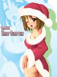  2011 breasts brown_eyes brown_hair covered_nipples hat hirasawa_yui k-on! kimuti-g looking_back medium_breasts merry_christmas no_panties one_eye_closed open_mouth santa_costume santa_hat short_hair smile solo zoom_layer 