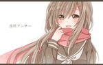  bad_id bad_pixiv_id blush brown_eyes brown_hair hiro_(hirohiro31) kagerou_project letterboxed long_hair open_mouth red_scarf scarf school_uniform serafuku simple_background smile solo tateyama_ayano tears toumei_answer_(vocaloid) translated white_background 