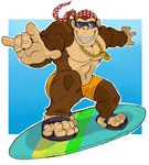  abs anthro ape bandanna biceps big_muscles clothing donkey_kong_(series) donkey_kong_country eyewear funky_kong gorilla grin male mammal medal muscles mutant_serpentina necklace nintendo pecs plain_background pose primate sandals shorts smile sunglasses surfboard surfer video_games 