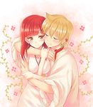  1girl ali_baba_saluja blonde_hair brown_eyes closed_eyes couple earrings hetero hug jewelry kichiroku magi_the_labyrinth_of_magic morgiana red_hair 