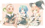  :3 aladdin_(magi) blonde_hair blue_eyes blue_hair blush braid cat dark_skin dark_skinned_male green_eyes hat hug jewelry long_hair magi_the_labyrinth_of_magic multiple_boys niwako orange_eyes snake sphintus_carmen titus_alexius witch_hat 