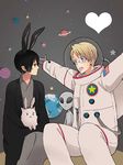  alien america_(hetalia) animal_ears axis_powers_hetalia blue_eyes bunny_ears glasses heart japan_(hetalia) kunie_(seppa) male_focus multiple_boys open_mouth smile spacesuit tony_(hetalia) 