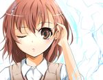  bad_id bad_pixiv_id biribiri brown_eyes brown_hair electricity hair_ornament hairpin highres misaka_mikoto one_eye_closed solo to_aru_kagaku_no_railgun to_aru_majutsu_no_index velia 