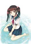  barefoot brown_hair feet hair_bobbles hair_ornament kichiroku long_hair partially_submerged petals photokano red_eyes sakura_mai_(photokano) school_uniform serafuku sitting skirt smile solo twintails wariza water 