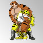  anthro biceps big_muscles blush body_markings brown_fur bulge cum_in_underwear cum_stain duo erection feline fur gay grope handjob male mammal markings muscles nipples pecs penis precum sex shiba-kenta stain tiger topless wrestling yellow_fur 